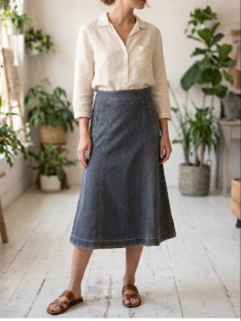 Vintage Denim Midi A-line Skirt With Pockets Boho Modern Cowgirl Westernwear